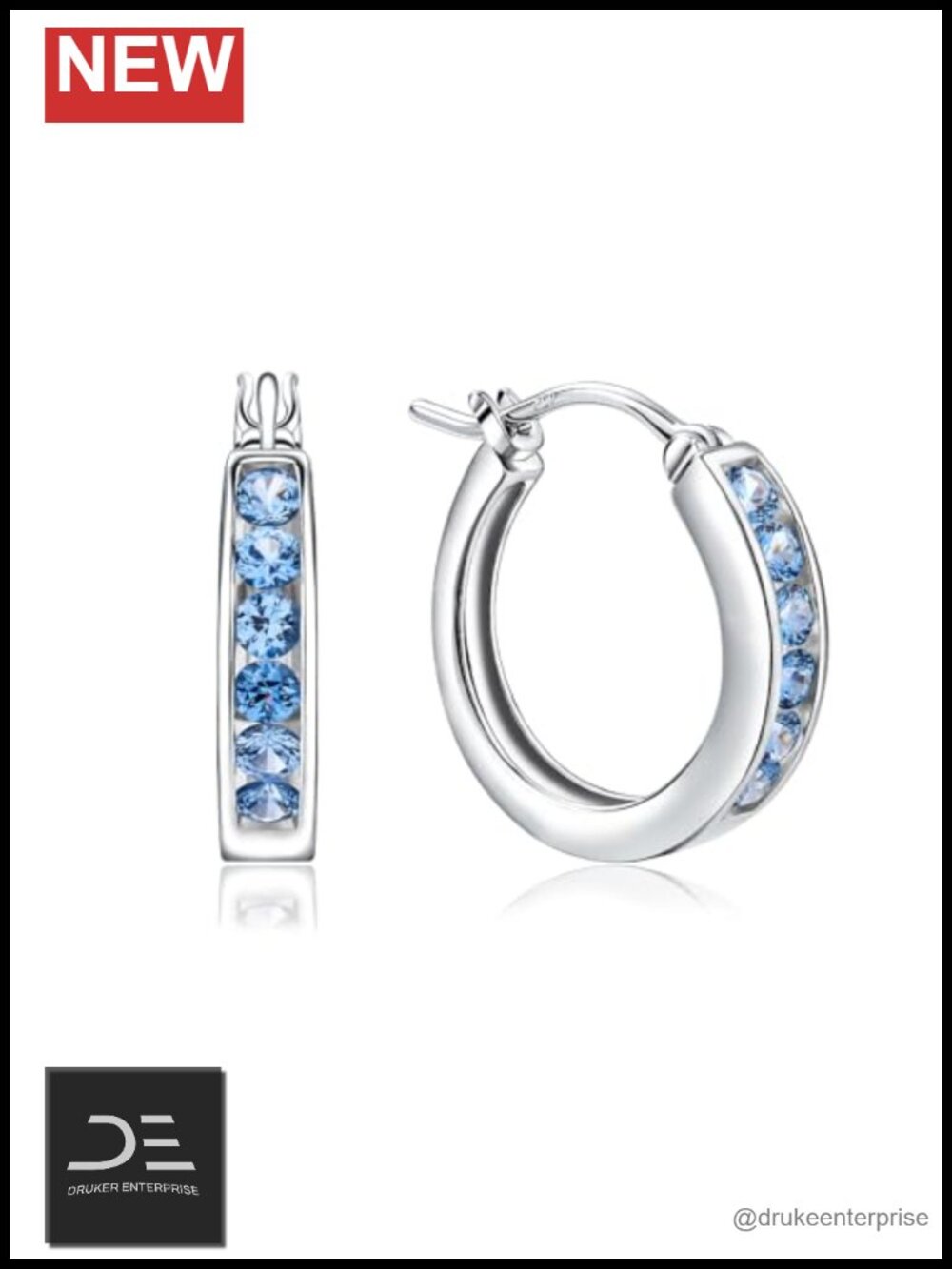 Huggie Hoop Earrings 18mm 925 Sterling Silver Blue Topaz Birthstone